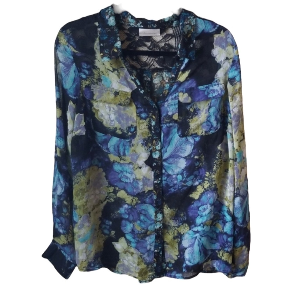 Dress Barn Floral Chiffon Blouse - Blue and Green, button down, lace back, 0X